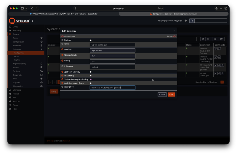 OPNsense IPv4 gateway for the WireGuard VPS tunnel