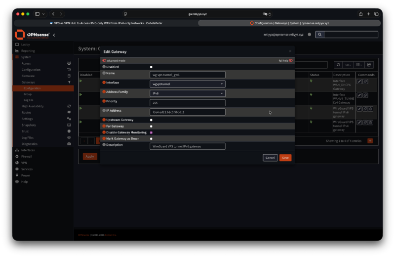 OPNsense IPv6 gateway for the WireGuard VPS tunnel
