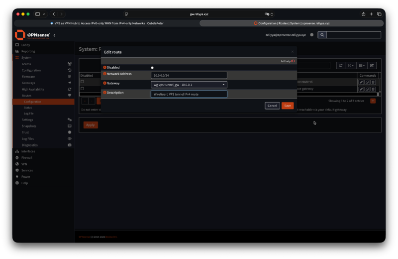 OPNsense IPv4 static route for the WireGuard tunnel subnet