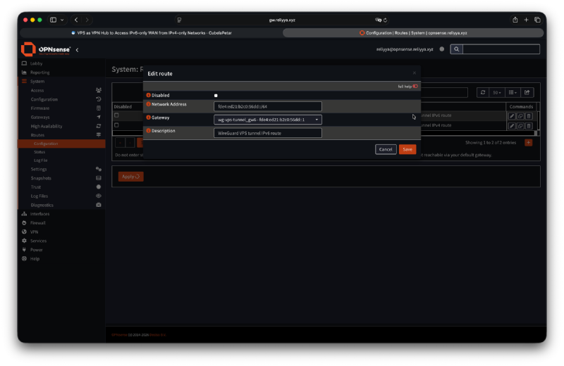 OPNsense IPv6 static route for the WireGuard tunnel subnet
