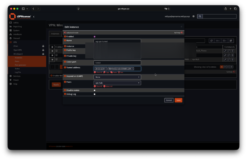 OPNsense WireGuard instance configuration