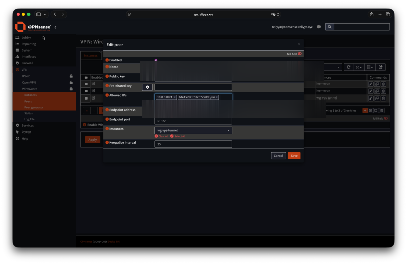 OPNsense WireGuard peer configuration for the VPS hub
