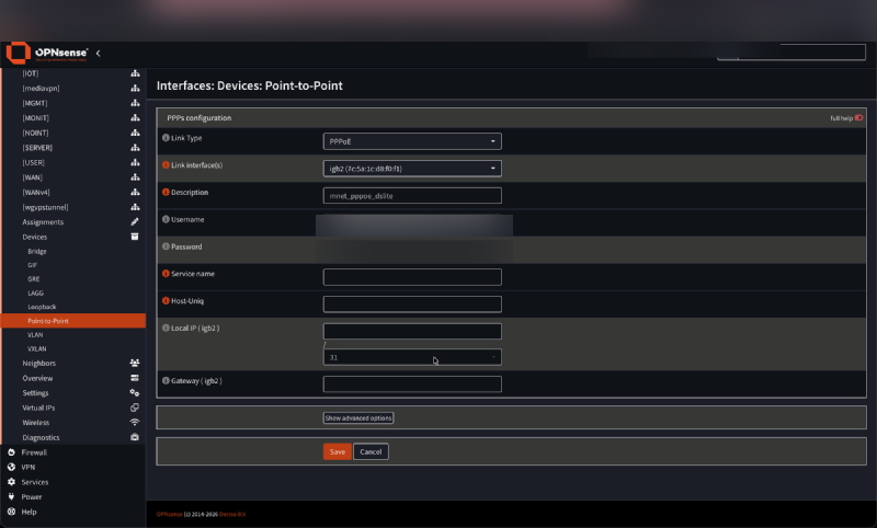 PPPoE device configuration in OPNsense